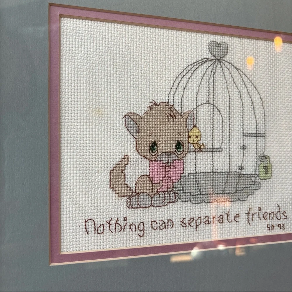Vintage Framed Grandmacore Cat & Bird Friends Needlepoint Wallhanging